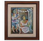 EDNEUSA BEZERRIL (Brasil, DF. 1950) "Dia de Festa" Óleo s/ tela 55,5 x 46 cm. Ass. inf. direito e verso 1987. Moldura 82,5 x 73 cm.