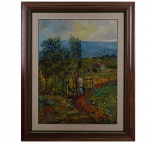 MESTRE JUSTINO, Sebastião Justino de Faria (SP, 1932-1994) Paisagem com figura - Óleo s/ tela 86 x 65 cm. ass. inf. esquerdo. Moldura 107 x 87 cm.