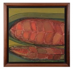 CLÉA COSTA VIEIRA (Goiás 1946) "Série: Estudos com fôlhas Clotons  Téc. mista s/ madeira. 70 x 70 cm .Assinado, titulado, localizado e datado no verso. 1987. Apresenta cachê da Galeria Oscar Seraphico no verso.