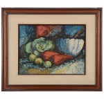 MESTRE JUSTINO, Sebastião Justino de Faria (SP, 1932-1994) "Natureza Morta 1" Óleo s/ eucatex. 32 x 42 cm. Ass. inf. esquerdo e verso 1974. Moldura 50 x 60 cm.