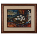 MESTRE JUSTINO, Sebastião Justino de Faria (SP, 1932-1994) "Natureza Morta 2" Óleo s/ eucatex. 32 x 42 cm. Ass. inf. esquerdo e verso 1970. Moldura 50 x 60 cm.