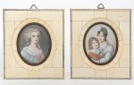 Par de pinturas em miniatura, repres. Madona e dama, moldura de placas de marfim, medida 14,5 x 12,5 cm. Europa, século XIX.