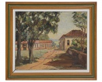 ALMEIDA CARVALHO - Paisagem - óleo s/ eucatex 34 x 44 cm, ass. inf. direito, medida com moldura 45 x 55 cm. Luíz de Almeida Carvalho, pintor acadêmico de origem portuguesa, ativo no século XX, um dos pioneiros das artes plásticas na cidade de Embu, SP, conhecido como pintor das cores, em 1970 participou da Exposição do Grupo de Sakai em Embu, São Paulo.