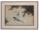 Pintura chinesa sobre seda - Carpas - 50 x 70 cm, ass. direito, moldura em jacarandá, déc. de 70 73 x 92 cm. Com fungos.