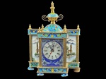 Belíssimo Relógio de Mesa, caixa em cloisonné, com decoração floral sobre fundo azul real