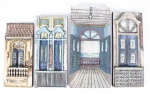 Lote constando de quatro talhas decorativas em madeira entalhadas e policromadas - assinado Miguel representando fachadas e janelas, uma datada de 1978 e uma de 1985 - med. 39,5x17,5 cm, 44x19,5 cm, 47x19,5 cm e 49,5x24,5 cm