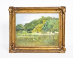Abel - Paisagem com rio - o.s.c - assinado e datado de 1947 - c.i.d, moldura em madeira com revestimento em estuque com pátina a folha de ouro - med. 28x35 cm e com moldura - med. 37x45 cm