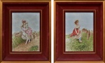 França Séc XIX - Par de placas em porcelana pintada à mão, assinadas, L Genevois e datadas 1886, reproduz figuras campestres, 33 x 23 cm.