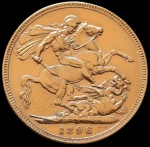 Inglaterra - 1896 - 1 libra - São Jorge com dragão - Ouro 0.917, 7.99g, 22.05mm.