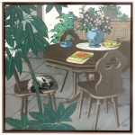 TAI  Composição - Mesa com Vaso de Flores e Gato. Óleo s/ tela. 90 x 90 cm (MI). 95 x 95 cm (ME).