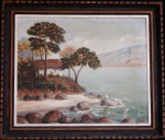 DURROQUE " Angra dos Reis", óleo sobre tela, assinado, datado de 1958 e ricamente emoldurado com moldura trabalhada em madeira. Medida da tela 50x60cm e com moldura 64x74cm.