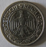 Moeda de Niquel Estrangeira , Alemanha 50 Reichspfennig 1927 -J -