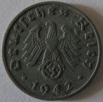 Moeda de Zinco  Estrangeira , Alemanha 1 Reichspfennig 1942 -A -