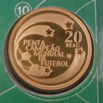 BRASIL - MOEDA DE OURO DO PENTA CAMPEONATO - 20 REAIS - 2002 - PROOF - 8 Gr.