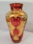 Vaso Veneziano tonalidade vermelho e multicolor, com detalhes em dourado. 27 cm (altura) x 7 cm (bas