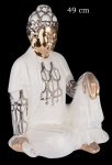 "Buddah". Grande escultura em faiança italiana na cor branca com realces em ouro e prata. 49cm.
