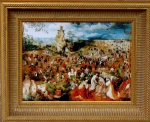 Gravura giclê de museu  A Procissão do Calvário (Bruegel) 1564 30x40cm, com excelente moldura dourada de época