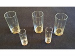 Três copos em cristal para long drink e 2 para voka em cristal,  Alt. 14, 10, Diam. 7 e 3 cm.