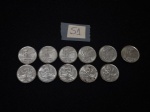 Lote de 11 moedas nacionais de 5 centavo  "Pescador" em aço, datadas de 1989.