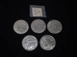 Lote de 5 moedas nacionais de 5 cruzeiros "arara" em aço, datadas de 93/94.