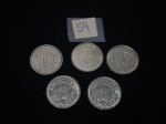 Lote de 5 moedas nacionais de 10 cruzeiros "Tamandua" em aço, datadas de 1993.