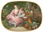 LIMOGES - França. Porta cartão confeccionado em porcelana francesa esmaltada nas tonalidades branca e verde e cena galante ao centro, reproduzindo o Fragonard no Museu do Louvre. Possui registro da manufatura. Mede 12cm X 13cm.