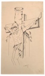 Inusitada obra em nanquim sobre cartão representando figura de cristo crucificado, assinada Tião Biré no canto inferior direito, datada 1981. Mede 30cm X 50cm.