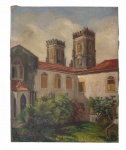 Antiga obra em óleo sobre tela, representando paisagem com castelo. Possui assinatura no canto esquerdo inferior. Perdas do tempo. Medida da obra 41,5cm X 33cm.