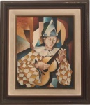 DAMIÃO MARTIN - Obra em óleo sobre tela representando figura de pierrot com instrumento musical, assinada no canto inferior direito, datada 1986, protegida por moldura de madeira e paspatur. Medida da obra 51cm X 41cm. Medida total 54cm X 74cm.