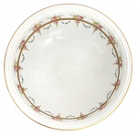 MAPPIN & WEBB - Antigo "bowl" e ou bacia, em porcelana inglesa fartamente adornada com guirlandas de flores em policromia e contorno em vibrante ouro. Virada do século. Possui registro da renomada manufatura inglesa MAPPING & WEBB. Mede 39cm diâmetro.