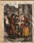 EUROPA SÉC XIX - Secular litogravura aquarelada representando cena de rua com figuras humanas, assinada no canto inferior direito, protegida por moldura de madeira com vidro e paspatur. Medida da obra 24 x 29cm. Medida total 41 x 46cm.