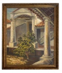 ELISABETH STEINBRUKE - Óleo sobre tela representando casario com colunas, assinada no canto inferior direito e verso, datada 1995, protegida por moldura de madeira com acabamento em ouro velho. Medida da obra 46 x 55cm. Medida total 63 x 53cm.