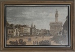GOBELIN - Cena da Piazza Della Signoria, Florença. Destacando o Palazzo Vecchio, moldura de madeira clara com contorno em preto e vidro anti-reflexo. Mede 42cm X 59cm.