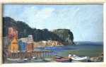 Quadro pintura Antônio Carpentieri Marinha com barcos e Óleo sobre Madeira medidas 24,5 cm x 14,5 cm pintura - 48 cm x 38 cm moldura 
