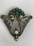 Vintage Art Nouveau Broche e Pingente Prata de Lei 925 Pérola e Cabochão em Pedra Minerais  verdes. Medidas 6 cm x 6 cm de altura