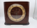 Relógio de mesa em madeira, metal e vidro bombê, Eka, 25x29x11cm ( AxLxP ), não testado, no estado.