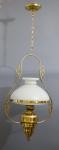 LUSTRE - Lustre lampião Belga em metal dourado com cúpula opalinada. Med. 109x31 cm.