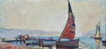 Antonio Garcia Bento (1897-1929). MARINHA. Data encoberta pela moldura. Óleo sobre madeira. 27 x 56 cm (mi); 49 x 76 cm (me). Assinado e datado no cie. Em ótimo estado de conservação. Obs.: Obra agradavelmente espatulada; não apresenta defeitos.