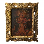 Antigo quadro cusquenho, óleo sobre eucatex com moldura em madeira. Dimensões: 56 cm x 46 cm.