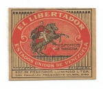 Rotulo de Caixa de Fósforos El Libertador. Soc. de Fósforos Lumiar LTDA. Bem conservado.