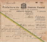 Documento: Boleto de Pagamento do Imposto Predial Urbano de 1926 - Rio de Janeiro. Preserva selo 600 réis. Conservado.