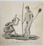 PRÍNCIPE MAXIMILIAN ALEXANDER PHILIPP ZU WIED-NEUWIED (NEUWIED, 23 DE SETEMBRO DE 1782  NEUWIED, 3 DE FEVEREIRO DE 1867)  - RARA GRAVURA ENTITULADA:  DIE PATACHES AM RIO DO PRADO. GRAVURA DE 1822 PUBLICADA NA UNIVERS PITTORESQUE REISE NACH BRAZILIAN PER LE PRINCE MAXIMILIEN DE WIED-NEUWIED.  APRESENTA DOIS PATAXÓ JUNTOS, UM AGACHADO PORTANDO MACHADINHA E OUTRO DE PÉ COM ARCOS-E-FLECHAS, ADORNADOS COM UMA PEQUENA BOLA E COM UM CORTE DE CABELO SINGULAR. EM SUA PASSAGEM PELA VILA DO PRADO, WIED-NEUWIED RELATA QUE PRESENCIOU UM MOMENTO EM QUE UM GRUPO PATAXÓ CHEGOU NESTA MESMA VILA PARA TROCAR PRODUTOS COM OS MORADORES. FOI A PRIMEIRA E ÚNICA VEZ QUE O VIAJANTE PÔDE TER CONTATO FACE-A-FACE COM OS PATAXÓ. NO LIVRO ELE DESCREVEU QUE OS PATAXÓ TRAZIAM PARA VENDER GRANDES BOLAS DE CERA, TENDO ELE MESMO CONSEGUIDO UMA PORÇÃO DE ARCOS E FLECHAS, EM TROCA DE FACAS E LENÇOS VERMELHOS. EM ALGUMAS PÁGINAS ANTERIORES, AO PASSAR POR ALCOBAÇA, WIED PERCEBEU QUE TANTO OS PATAXÓ QUANTO OS MAXACALI VISITAVAM PACIFICAMENTE AS MORADAS DOS BRANCOS, OFERECENDO, EM CERTAS OCASIÕES, CERA OU CAÇA, EM TROCA DE OUTROS PRODUTOS (P.212). QUANDO PASSOU POR CRAMIMOÃ, HOJE CARAÍVA, SOUBE QUE OS MORADORES, TAMBÉM ÍNDIOS, TROCAVAM PRODUTOS POR ARCOS DE PATAXÓ QUE VINHAM DAS MATAS. SEC. XIX. 20 X 23 CMNOTA: Maximilian Alexander Philipp zu Wied-Neuwied (Neuwied, 23 de setembro de 1782  Neuwied, 3 de fevereiro de 1867) foi um príncipe renano que esteve no Brasil no início do século XIX, onde estudou a flora, a fauna e as tribos indígenas. Foi um naturalista, etnólogo e explorador alemão. Foi o autor de Viagem ao Brasil, publicado por volta de 1820 com detalhadas descrições sobre tudo o que pôde observar. Contou com o apoio de dois auxiliares alemães, Georg Wilhelm Freyreiss e Friedrich Sellow, com experiência em coleta e preparação de animais.Chegou ao Brasil em 1815 com o pseudônimo de Max von Braunsberg. Por dois anos pesquisou o litoral e regiões do interior do Rio de Janeiro, Espírito Santo e do sul da Bahia, chegando a Salvador em suas viagens de pesquisa. Reuniu, entre outros objetos etnológicos, vocabulários e utensílios de tribos indígenas (como a dos Botocudos), plantas e animais.Em 1817 passou no Arraial da Conquista, atualmente a cidade de Vitória da Conquista, Bahia, fazendo então no seu livro "Viagem ao Brasil" o relato mais importante desta cidade e região, que nos tempos atuais são conhecidos daquela época.Em 1821, no segundo volume de seu livro, Neuwied descreveu um tipo de anfíbio pertencente à família Bufonidae e o classificou como Bufo crucifer, nome dado devido ao efeito ótico do arranjo de manchas ao longo da vértebra, o que dava a impressão de uma sequência de cruzes.Em sua época a natureza tropical foi assumida pelos integrantes do movimento romântico como motivo maior de orgulho nacional, e o príncipe foi dos que registraram esse novo tipo de sensibilidade. Em seu relato de viagem, comentou:"Até agora, a natureza realizou mais para o Brasil do que o homem: contudo, após a vinda do rei, muito se tem feito em benefício do país."Por outro lado, como comenta a Brasiliana abaixo citada, o século XIX, conservador, valoriza o Estado e a família, como se seus próprios códigos de organização e conduta fossem princípios universais indicadores de perfeição. Assim, o ´primitivo´ perde a conotação de liberdade e virtude que possuiu no Século das Luzes e passa a indicar incompletude, inferioridade. O primitivo estaria na fronteira entre o animal e o humano. O príncipe de Wied-Neuwied descreveu da seguinte maneira os botocudos:Domina as suas faculdades intelectuais a sensualidade mais grosseira, o que não impede que sejam às vezes capazes de julgamento sensato e até de uma certa agudeza de espírito. () Mas, como não são guiados por nenhum princípio moral, nem tampouco sujeitos a quaisquer freios sociais, deixam-se levar inteiramente pelos seus sentidos e pelos seus instintos, tais como a onça nas matas.