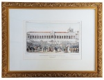 JEAN BAPTISTE DEBRET (1768-1848)  - VUE EXTERIEUR DE LA GALERIE DE L'ACLAMATION DE LE ROI DE PORTUGAL, BRESIL ET ALGARVES, DOM JOÃO VI.(VISTA EXTERIOR DA GALERIA DE ACLAMAÇÃO DO REI DE PORTUGAL, BRASIL E ALGARVES, D. JOÃO VI). LITOGRAVURA A PARTIR DE DESENHO DE JEAN BAPTISTE DEBRET GRAVADA POR THIERRY FRERES EM PARIS E PUBLICADA EM 1839. PARIS, PRIMEIRA METADE DO SEC. XIX. 36 X 26 CM (SOMENTE A GRAVURA SEM CONSIDERAR O TAMANHO DA MOLDURANOTA : As monarquias do Antigo Regime europeu sempre conviveram com a constante necessidade de manter e reforçar o poder de seus reinantes, que eram as peças-chave da engrenagem que mantinha em funcionamento um governo absolutista. O reforço desse poder passava, muitas vezes, pelo engrandecimento da imagem do soberano e, nessa operação, as festas e cerimoniais cumpriam papel fundamental . O ciclo de vida dos reis, de seus governos e de suas famílias dava espaço para que esses eventos se realizassem: os nascimentos, batismos, casamentos, a subida ao trono e a morte eram comemorações ritualizadas, por ser o discurso da celebração extremamente eficaz para a manutenção do poder real, porque era construído não só pela palavra, mas pelos gestos, símbolos e representações (pelo visual, portanto). Todo o panorama acima traçado envolvia também a monarquia portuguesa, que igualmente fez amplo uso dos cerimoniais para marcar o ritmo da vida, governo e poder dos reis. No que tange ao caso lusitano, havia um cerimonial específico, de enorme tradição: o da aclamação dos soberanos. Ocorrida a morte de um reinante (e após as devidas pompas fúnebres) era o momento do sucessor assumir o trono: para tanto era feita a cerimônia de aclamação, na qual o novo rei era levantado, reconhecido. No caso português, não ocorria coroação: a coroa era objeto simbólico presente no cerimonial, porém ela não era colocada na cabeça do soberano desde que o Rei Dom João IV em  1646 dedicou a coroa Real a Nossa Senhora da Conceição como regente do Reino de Portugal. O local escolhido para aclamação do monarca foi o Terreiro do Paço (ou Largo do Paço), área central e de grande importância para a cidade do Rio de Janeiro de então: ali estava o Paço da cidade (primeira morada de D. João em solo fluminense quando de sua chegada, e que em 1818 era um dos palácios da Família Real), além de importantes partes do governo monárquico. Era um amplo espaço de circulação de pessoas e de sociabilidade: assim, foi o cenário escolhido desde a chegada da Corte para sediar comemorações relacionadas à realeza, e com a aclamação de D. João não foi diferente. Para tal celebração foi erigido junto à parte do Paço que dava no fundo do Terreiro um grande anexo, chamado de varanda, totalmente aberta em arcos para permitir a visão daqueles que estavam de fora. Ela tomava toda a extensão do Paço ao fundo do Largo, chegando até a porta da Capela Real, prédio que também fazia parte do complexo palaciano. Dentro e fora, ela era marcada pela magnitude, pela profusão dos símbolos monárquicos (escudos, armas reais, brasões) e por uma simbologia clássica que se referia às virtudes e qualidades do novo soberano (os gênios, os  deuses gregos, etc). Ali dentro, cercado dessas marcas espaciais e das pessoas que deveriam estar presentes de forma mais próxima ao ritual, D. João foi coroado rei sexto de seu nome, assistido por imensa massa de súditos. O desenho da varanda, segundo esta gravura apregoada no lote, ficou a cargo do arquiteto do rei João da Silva Muniz, e a direção das obras foi depositada nas mãos de Joaquim Jose de Azevedo, Barão do Rio Seco e, à época, Almoxarife da Casa das Obras e Paços Reais, uma repartição da Casa Real que tinha a seu encargo cuidar das obras e de alguns aspectos da materialidade que envolvia os Paços10 . Apesar do plano de ordens não especificar o horário da cerimônia, sabe-se pelos relatos que ela se iniciou às quatro horas da tarde do dia 06 de fevereiro. Segundo ele, D. João sairia de seus aposentos dentro do Paço para se dirigir à varanda, acompanhado dos Grandes Títulos de sua Corte e de oficiais da Real Casa, bem como dos Bispos . Tal acompanhamento seria aberto pelos Porteiros, oficiais da Casa Real responsáveis pelo abrir e fechar das portas do palácio (e aqui com uma função muito simbólica de abrir o cerimonial. Esses Porteiros trariam consigo duas insígnias importantes, e que os distinguiam: primeiramente vinham os Porteiros da Cana, que possivelmente eram assim chamados por portar instrumentos de sopro rústico, chamados Cana. Após vinham os Porteiros da Maça, que traziam nos ombros um bastão pesado usado para assinalar a chegada das pessoas, a Maça . Em seguida viriam os oficiais da Casa Real responsáveis pela Armaria, ou seja, pela distribuição, uso e regulamentação das armas e brasões da nobreza. Estavam distribuídos conforme sua hierarquia: primeiro vinham os três Reis de Armas (representando os domínios mais importantes do império português: Portugal, Algarves e Índia), seguidos dos três Arautos (representando as mais importantes cidades do Reino: Lisboa, Silves e Goa) e, por fim, os três Passavantes (representando as mais importantes vilas: Santarém, Lagos e Cochim). Todos vestiriam cotas de armas, uma espécie de capa por sobre as vestes, e que os diferenciava pela posição onde o escudo real estava bordado: os Reis de Armas o traziam no peito com a coroa, os Arautos o traziam ao peito no lado direito sem a coroa, e os Passavantes o traziam no peito ao lado esquerdo sem a coroa. O plano prossegue indicando que compusesse imediatamente o cortejo real os Moços da Câmara e os Moços Fidalgos. Os Moços da Câmara, como o nome já assinala, eram jovens de boa família atuantes na Casa Real no desempenho de funções na Câmara Real (nos aposentos do rei), geralmente ligadas ao vestir e despir do monarca . Ser Moço Fidalgo significava receber do rei, ainda na juventude, o foro da Casa Real denominado Moço Fidalgo: um título de fidalguia ligado a este espaço de serviço direto ao monarca. Dentre todos os foros da Casa Real que poderiam ser dados, este era o único que tinha exercício efetivo no Paço quando convocado: exercício este que poderia estar ligado a celebrações. Em seguida, deveria vir o Corregedor do Crime da Corte e Casa, um magistrado da Casa de Suplicação do Brasil, ligado aos assuntos cíveis e até econômicos das comarcas onde atuava . Em seguida ficou indicado pelo plano que deveria vir a nobreza, os Grandes Titulares da Corte (Marqueses, Condes, Viscondes e Barões), e eclesiásticos (os Bispos). Todos viriam descobertos e formando duas alas, a dos seculares e dos religiosos16. No meio delas deveriam vir oficiais da Casa Real, portando suas insígnias (Luis Gonçalves dos Santos relatou que eram apenas os oficiais mores que vieram entre as alas). Imediato a essa formação seguiria o Ministro Secretário de Estado: conforme detalhou a edição extraordinária do dia 10 de fevereiro de 1818 da Gazeta do Rio de Janeiro, se tratava do Ministro Secretário de Estado Thomaz Antonio de Villanova Portugal18. Após ele, seguia-se o Merinho Mor, que deveria trazer em mãos uma vara (sua insígnia): este era um oficial de justiça, responsável pela aplicação de lei e prisão de fidalgos e membros da nobreza (estas eram pessoas que, por sua grandeza e condição, não poderiam ser presos pela justiça comum). Segundo a edição da Gazeta Extraordinário do Rio de Janeiro, o ofício era ocupado pelo Conde de Viana, que trazia junto a si uma vara branca. Junto ao Meirinho Mor viria o Bispo do Rio de Janeiro, D. José Caetano da Silva Coutinho, ocupando o ofício de Capelão Mor da Casa Real: a questão religiosa estava presente na domesticidade régia, que contava com a assistência de um corpo religioso (liderado pelo Capelão Mor) e de uma capela para seus serviços - a Capela Real, interna ou anexa ao Paço (como era o caso do Paço da cidade, no Rio de Janeiro). O plano de ordens para o cerimonial da aclamação de D. João VI mandava que após o Meirinho Mor e o Bispo Capelão Mor viesse o Alferes Mor, portando a Bandeira Real enrolada: servia esse ofício o Conde de Barbacena. Este era um antigo cargo com função no exército: acompanhar o rei em campanhas e batalhas, portanto a bandeira que só poderia ser desenrolada por ordem do soberano. Há muito tinha assumido a função honorífica de levar o estandarte real em cerimônias, saimentos e eventos da realeza no geral . Depois dele vinha o Capitão da Guarda Real, que no âmbito da Casa Real era o responsável pela guarda pessoal do rei. Servia então este ofício o Marques de Belas e, conforme constam os relatos, a guarda do Paço e os Arqueiros (que estavam sob sua alçada) estavam prostrados no Terreiro do Paço próximo à varanda . O plano mandava que viesse então, por assim dizer, núcleo da realeza: o infante D. Miguel abriria a chegada das figuras reais, servindo na cerimônia de aclamação como Condestável, um ofício que, assim como o Alferes Mor, era há muito honorífico. Ele traria junto a si o estoque desembainhado (uma espécie de espada com a qual o Condestável devia assistir nos eventos), e deveria portá-lo levantado em punho, como era de costume21. Em seguida, vinha a figura central e mais importante do cerimonial: o rei a ser aclamado. D. João VI, como apontam as descrições, vinha ricamente vestido com o manto real, seguro na cauda pelo Conde de Parati, Gentil-Homem da Câmara Real (o plano de ordens mandava que o Gentil-Homem da Câmara que estivesse servindo naquela semana desempenhasse esse papel,  e Luis Gonçalves dos Santos esclarece ao leitor que se tratava do dito Conde, também designado para servir como Camareiro Mor nesse evento). Junto ao monarca se colocaria o príncipe D. Pedro. O príncipe e o infante estariam acompanhados, ainda, de seus oficiais privados - os camaristas - como assinala o plano de ordens do cerimonial . Muito próximo ao rei, do seu lado esquerdo, deveria estar o Mordomo Mor da Casa Real (possivelmente D. Pedro estaria ocupando o lado direito). Este era o cargo mais importante dentro da Casa Real, responsável pelo governo da mesma e de todas as suas áreas. Recebia as ordens do rei sobre o âmbito privado e a repassava a todos os seus subordinados. Também era responsável pelo despacho de todos os filhamentos da Casa Real. Tinha, ainda, importante função em cerimoniais: assistia sempre próximo ao rei portando sua insígnia (um bastão chamado por muitos de negrinha), e nos acompanhamentos não ia mais ninguém, para além do Condestável com o seu estoque, entre o Mordomo Mor e o rei e no ato das Cortes situava-se à esquerda do rei24. Servia na função de Mordomo Mor para esta ocasião o Marques de Angeja, mas na realidade quem desempenhava o cargo era Thomaz Antonio de Villanova Portugal, que nele ficou de 1818 e 1821. Porém, Villanova Portugal, como visto, já estava presente pelo seu ofício de Secretário de Estado, que exercia cumulativamente ao de Mordomo Mor. Na entrada da varanda se encontrariam os menestréis (os músicos), que deveriam tanger seus instrumentos assim que D. João adentrasse à mesma com seu acompanhamento: as charamelas (instrumentos de sopro), as trombetas e os atabales. No Terreiro do Paço, a população já estava presente para assistir ao evento e, dentro da varanda, a chegada do monarca e sua comitiva vinha completar as presenças necessárias ao evento, pois muitos dos convidados já estavam organizados hierarquicamente na construção, que para este propósito era composta de três estrados colocados em níveis diferentes, além de balcões: a acomodação dos convocados foi dirigida pelo Visconde de Asseca, que atuava como Mestre Sala. Ao adentrar na varanda, o cortejo régio se dispersaria para os locais que deveriam ser ocupados por cada um. D. João VI se dirigiria para o outro extremo da armação, onde estava o estrado mais elevado, chamado de estrado pequeno. Nele estava, embaixo de um grande dossel, o trono régio coberto por um rico pano, e do lado uma mesa que continha os itens que seriam utilizados no ritual: o cetro, a coroa, o missal e o crucifixo (SANTOS, 1825: 220-221). Para que o rei se sentasse era a função do Reposteiro Mor da Casa Real descobrir a régia cadeira: tarefa assumida pelo que então desempenhava o cargo, o Marques de Castelo Melhor, que prontamente o fez. Antes de se acomodar no trono, D. João VI precisava saudar a Rainha D. Carlota Joaquina, as Princesas e Infantas: todas já estavam previamente acomodadas no balcão que estava mais próximo ao dossel do trono. A varanda contava ainda com outros quatro balcões que seguiam no correr da construção: num deles estavam Damas portuguesas e austríacas, e em outro as Açafatas. No quarto balcão estavam os titulares, e no quinto e último estavam os membros do corpo diplomático, acompanhados de suas senhoras . O plano de ordens mandava que, antes do rei ocupar o trono, lhe fosse entregue o cetro: para tanto o Tesoureiro da Casa Real Barão do Rio Seco colocaria o objeto numa salva dourada (uma espécie de bandeja), e repassaria ao Conde de Parati (o mesmo Gentil-Homem que trouxe a cauda do manto no cortejo). Depois que D. João ocupasse seu trono deveriam ser acomodados seus filhos ao seu lado direito, no mesmo estrado pequeno: um pouco atrás ficaria D. Miguel com o estoque em punho, e mais à frente e próximo ao trono se colocaria D. Pedro (os camaristas de Suas Altezas deveriam ficar detrás deles). O plano pedia ainda que atrás do trono assistisse à cerimônia um Gentil-Homem da Câmara, mas não especifica qual: pelos relatos de Luis Gonçalves dos Santos sabe-se que havia três Gentis Homens da Câmara de D. João assistindo ao rei no evento, o Marques de Torres Novas, D. Nuno José de Souza Manoel e o já referido Conde de Parati (que se deduz ter sido o designado para assumir o lugar porque atuava como Camareiro Mor). Abaixo desse estrado menor havia outro, e posicionados nele, à direita do trono, estaria o corpo religioso: o Bispo Capelão Mor vinha logo depois do degrau entre os estrados, muito próximo ao rei. Ao seu lado estavam outros prelados: os bispos de Angola, Pernambuco, Prelado de Goias, de Moçambique, de S. Thomé. No lado esquerdo desse segundo estrado se posicionariam próximos ao degrau que dava acesso ao trono o Mordomo Mor e o Ministro Secretário de Estado. No mesmo lado esquerdo, mais afastado, estaria o Meirinho Mor, e depois os Marqueses em ala. Em seguida, estavam os Grandes da Corte (Condes, Viscondes, Barões) e outros oficiais da Casa Real. Entre este estrado do meio e o terceiro havia degraus, e cada um deles foi ocupado conforme a hierarquia estabelecida no plano de ordens. No mais alto deles, se colocou o Alferes Mor com a bandeira enrolada. No degrau seguinte deveriam se colocar os membros do Senado da Câmara do Rio de Janeiro. Do segundo degrau para baixo se colocaram membros dos seguintes tribunais e repartições do governo régio: Mesa do Desembargo do Paço e da Consciência e Ordens, Conselho da Fazenda, Casa da Suplicação, Conselho Supremo Militar, Real Junta do Comércio, Real Junta dos Arsenais do Exército, Real Erário e os Deputados da Universidade de Coimbra. Também nestes degraus estavam outros religiosos, os prelados maiores das ordens regulares. Beirando o terceiro estrado estavam os Reis dArmas, Arautos, Passavantes, Porteiros da Cana e da Maça. Por fim, no terceiro estrado estariam em pé Fidalgos e mais todas as outras pessoas convidadas que não ocuparam outro espaço específico Estando todos dessa forma acomodados conforme solicitava o plano de ordens, se iniciaria o ritual de aclamação do novo rei. O Secretário de Estado Villanova Portugal deveria fazer sinal para o Rei de Armas Portugal, para este avisar ao Desembargador do Paço (Luis Gonçalves dos Santos indicou que se tratava de Luis Joze de Carvalho e Mello) que subisse para pronunciar a prática à Sua Majestade. O Desembargador deveria subir ao estrado abaixo do trono, e nesse momento o mesmo Rei de Armas pronunciaria em alto som as seguintes palavras: Ouvide, ouvide, ouvide, estai atentos. Dito isso, Carvalho e Mello fez uma profunda reverência ao monarca e iniciou a prática, recitando uma oração. Finda esta, voltou a reverenciar o rei, e retornou ao seu lugar. Vem então o Reposteiro Mor Marques de Castelo Melhor, para colocar diante do rei, como era de seu ofício, o material que havia recebido do Guarda Tapeçarias da Casa Real: uma cadeira rasa (espécie de mesinha) com uma almofada, e outra para colocar aos pés do monarca para que ele se ajoelhasse. Na cadeira rasa, o Bispo Capelão Mor depositaria o missal aberto, e sobre ele o crucifixo de prata. O alto prelado da Casa Real deveria se ajoelhar junto a essa preparação próxima ao trono, o mesmo fazendo dois bispos que seriam as testemunhas do juramento que D. João faria: segundo Gonçalves dos Santos, eram os bispos de Azoto Prelado de Goiás, e de Leontopoli Prelado de Moçambique. De acordo com o plano de ordens, o Secretário de Estado avisaria então ao rei que era chegada a hora de seu juramento, e o mesmo deveria se ajoelhar na almofada que estava a seus pés. Passando o cetro para a mão esquerda, ele colocaria a direita na cruz e no missal, e repetiria as palavras que lhe eram ditas pelo mesmo Secretário, que também estaria de joelhos. Segundo outro códice presente no Arquivo Nacional, tal juramento tinha o seguinte teor: Juro e prometo com a graça de Deus vos reger, e governar bem, e direitamente, e vos administrar direitamente Justiça, quanto a humana fraqueza permite; e de vos guardar vossos bons costumes, privilégios, graças, mercês, liberdade, e franquezas, que pelos Reis Meus Predecessores vos foram dados, outorgados, e confirmados. Terminado o juramento, todos se levantam e retornam aos respectivos lugares. O Secretário de Estado se dirigiria então ao segundo estrado, imediatamente após o trono, e no meio dele leria em voz alta a fórmula do Juramento, Preito e Homenagem que os presentes haviam de ir fazer a D. João: Juro aos Santos Evangelhos tocados corporalmente com a minha mão, que eu recebo por nosso Rei, e Senhor verdadeiro, e Natural, o Muito Alto, e Muito Poderoso, o Fidelíssimo Rei D. João Sexto Nosso Senhor, e lhe faço preito, e homenagem segundo o foro destes reinos28. Passada a instrução do juramento a todos, o Bispo Capelão Mor e o Reposteiro Mor mudariam de lugar a cadeira rasa com a cruz e o missal, colocando-os de frente para o trono na parte esquerda. Feito o novo arranjo, D. Pedro faria seu juramento, se ajoelhando e colocando a mão direita sobre a cruz e o missal, indo beijar a mão do rei ao final, e retornando ao seu lugar. O mesmo faria D. Miguel, trocando o estoque para a mão esquerda. Depois disso, o Alferes Mor desenrolaria a Bandeira Real, e o Rei de Armas Portugal diria em voz alta que fossem beijar a mão do monarca os Grandes Títulos, Seculares e Eclesiásticos, e todas as mais pessoas da nobreza como se achavam, sem precedências nem prejuízos de nenhum direito que os nobres viessem a ter uns sobre os outros (ficava assim esclarecido que, para este ato, não haveria hierarquias). Tendo todos os presentes assim o feito, Thomaz Antonio de Villanova Portugal se dirigiria ao rei, que lhe indicaria que aceitava o juramento, preito e homenagem que haviam feito a ele. O Secretário de Estado então faz esse anúncio aos presentes, descendo em meio ao estrado e bradando: ElRei Nosso Senhor aceita os juramentos, preitos e homenagens, que os Grandes, Títulos Seculares, Eclesiásticos, e mais pessoas da nobreza que estaes presentes, agora lhe fizestes29. Declarada a aceitação o Alferes Mor, portando a bandeira desenrolada, pronunciaria em alto som a fórmula da aclamação do novo rei: Real, Real, Real, pelo Muito Alto e Muito Poderoso Senhor Rei D. João VI Nosso Senhor, no que deveria ser seguido pelos Reis de Armas, e depois por todos os que estavam na varanda, acompanhados do tanger dos menestréis. Feito isso (e após reverenciar o novo rei), o Alferes Mor seguiria com a bandeira desenrolada (e acompanhado dos Porteiros da Cana e Maça, dos Reis de Armas, Arautos e Passavantes) para o meio da varanda, onde se tinha acesso a um pequeno estrado de três degraus bem no meio da armação, e que se projetava para o Terreiro do Paço (na planta e prospecto geométrico, apresentado acima, ele está assinalado com a letra E). Nele deveriam subir o Alferes Mor e o Rei de Armas Portugal, que se dirigiriam ao povo que se aglomerava no Largo. O mesmo Rei de Armas bradaria: Ouvide, ouvide, ouvide, e estai atentos, e o Alferes Mor, em seguida: Real, Real, Real, pelo Muito Alto e Muito Poderoso Rei Dom João VI do nome Nosso Senhor. Os outros Reis de Armas, Arautos e Passavantes, assim como todos os que estivessem na varanda, deveriam pronunciar a fórmula da aclamação. O povo, como relatou Santos, estava no mais completo júbilo e felicidade. Acabado este anúncio, era o momento de ir à Capela Real. O mesmo Rei de Armas Portugal anunciaria aos presentes que, por ordem do rei, só deveriam acompanhá-lo em procissão até lá aqueles que o vieram acompanhando em sua chegada à varanda. Sob o som dos Menestréis, D. João se levantaria de seu trono e, portando o cetro à mão, percorreria toda a extensão da varanda até a sua entrada, fazendo este percurso próximo às grades da armação para que o povo pudesse vê-lo. O plano de ordens designava que o rei deveria fazer três paradas para que fosse visto pela aglomeração no Terreiro do Paço. Descendo pela escada da varanda que dava para o Terreiro do Paço, D. João e sua comitiva chegariam à porta da Capela Real, onde o Bispo Capelão Mor e todo o grupo religioso já os estaria esperando. D. José Caetano da Silva Coutinho estava embaixo de um pálio, segurando a relíquia do Santo Lenho (um fragmento da cruz de Cristo): quando o rei se aproximasse do Bispo, ajoelharia perante ele e beijaria a relíquia. Depois todos seguiriam em procissão junto ao Santo Lenho para dentro da igreja, onde segundo o plano de ordens estava preparado um sitial para que o rei se acomodasse e fizesse a oração31. Um pouco mais adiante do espaço preparado a D. João ficou D. Pedro, e imediato a ele D. Miguel com o estoque na mão em punho. Por fim, o Alferes Mor também se encontraria perto deste grupo. Aos oficiais da Casa Real e aos títulos da Corte o plano mandava que ficassem em alas dentro da igreja, da melhor forma que pudessem se acomodar. Sobre os acontecimentos dentro da Capela Real, o plano de ordens é bastante sucinto, pouco falando a respeito. Quem muito relatou o que se passou ali dentro foi Luis Gonçalves dos Santos, e aqui se utiliza de seu relato para complementar a análise. Segundo o mesmo, tendo D. João se acomodado, e já estando na Real Capela todos os que nela deveriam se acomodar (a Rainha, Princesas e Infantas já estavam previamente acomodadas nos camarotes da igreja), ele fez sua oração. O Bispo Capelão Mor colocou a relíquia no troneto do altar e todos em pé cantaram o hino religioso Te Deum Laudamus, tocado pelos músicos da Capela e da Câmara do rei . Terminado o canto, o Capelão Mor declamou as orações de costume. Por fim, tirou a relíquia do altar e, com ela, benzeu ao rei e aos presentes: nesse momento, D. Miguel abateu o estoque, e o Alferes Mor enrolou a Bandeira Real. Devolvido o Santo Lenho ao altar, o Bispo congratulou e se despediu de D. João, se retirando com toda sua comitiva para a sacristia da Igreja. Já era noite quando o novo rei, com seu cetro na mão e acompanhado daqueles que desde o início foram junto a ele, saiu da Capela Real, subiu as escadas da varanda, passou por dentro dela e, por uma porta colocada atrás do trono régio, adentrou ao Paço33. Findou-se, assim, o ritual de aclamação de D. João VI