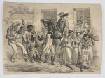 CARL FRIEDRICH PHILIPP VON MARTIUS (1794-1868)  - FESTA DA RAINHA EM MINAS  LITOGRAVURA DE FRANZ XAVER NACHTMANN (1799-1846). PUBLICADA EM 1830. MANIFESTAÇÃO CULTURAL DAS CAMADAS MAIS POPULARES DA SOCIEDADE MINERADORA. PRIMEIRA METADE DO SEC. XIX. 23 X 17,5 CMNOTA: Durante as celebrações, os reis e as rainhas são os líderes máximos do cerimonial, numa estrutura de poder embasada em funções hierárquicas rígidas, na qual o Rei Congo e a Rainha Conga são as majestades mais importantes e portam as coroas mais veneradas. Com exceção dos reis festeiros, que oferecem os banquetes, e que são substituídos a cada ano, os demais coroados são vitalícios e, em geral, pertencem a linhagens tradicionais do próprio Reino. Os reis representam Nossa Senhora do Rosário, São Benedito e Santa Ifigênia ...; os reis congos, no entanto, simbolizam também as nações negras africanas e essa ascendência é traduzida pelo papel ímpar que desempenham nos rituais litúrgicos e pelo poder com o qual são investidos. Essa recriação dos vestígios e reminiscências de uma ancestral organização remete-nos ao papel e função do poder real nas sociedades africanas transplantadas para as Américas, nas quais os reis, em sua suprema autoridade, representavam os elos maiores de ligação e de mediação entre a comunidade, os ancestrais e as divindades. Em associação à figura dos reis e rainhas, as festas de reinado congregam em sua estrutura litúrgica ou sincrética a presença das guardas, cortes ou ternos. Essas classificações se determinam mediante a diversidade ritual, e distinguem-se pela indumentária, pela coreografia, pelos cantos e, principalmente, pelo ritmo exercidos aos instrumentos empregados. Estes, se apresentam como Moçambiques com vestimentas, cantos e toadas mais sérias e discretas (Figura 3), Congos que, conforme Figura 4, conta com composição predominantemente alegre e festiva, ou podem ter outras variações como Marujos, Catopés e Caboclinhos. Essas guardas se organizam, predominantemente, em torno da figura central de um capitão-mor, ocupado em ordenar as atividades e a regência das músicas e da cerimônia, acompanhado de demais capitães que o auxiliam na condução curso do ritual. No caso do capitão-mor, ele representa, ainda, a interlocução entre as organizações envolvidas, como as demais instituições e irmandades