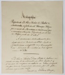 DOM PEDRO V - LISBOA, 16 DE SETEMBRO DE 1837  11 DE NOVEMBRO DE 1861), APELIDADO "O ESPERANÇOSO" E "O MUITO AMADO", FOI O REI DE PORTUGAL E ALGARVES DE 1853 ATÉ À SUA MORTE. AUTÓGRAFO DO MONARCA EM RESPOSTA A FALLA DE HENRIQUE GOBYNS POR OCASIÃO DE LHE ENTREGAR A CREDENCIAL QUE O NOMEAVA MINSITRO RESIDENTENTE DE EL REY DOS BELGAS JUNTO A SUA MAJESTADE FIDELISSIMA. A CREDENCIAL DESSE MINISTRO TEM LUGAR EM 6 DE OUTUBRO DE 1860. TENDO A FALLA COMO RESPOSPA VEM TRNACIRPTA NO DIARIO DE LISBOA DE 8 DO REFERIO MES N. 230. EL REI O SENHOR DOM PEDRO V. FALECEU NA NOITE DO DIA 11 DE NOVEMBRO DE 1861 PELAS 7 1/4 E NO DIA 15 VÉSPERA DO ENTERRO DE SUA MAJESTADA COM A MAIS VIVA SAUDADE POR EL REI LANCEI AQUI ESTA NOTA. JACINTO DA SILVA MENGO. A NOTA DO EMBAIXADOR VEM ESCRITA EM FRANCES . O AUTOGRAVO TEM INSCRIÇÃO SENHORA MINHA BOA IRMÃ E PRIMA ASSINA PEDRO. PALACIO DE MAFRA EM 13 DE DEZEMBRO DE 1855.NOTA:  Pedro V (Lisboa, 16 de setembro de 1837  11 de novembro de 1861), apelidado "o Esperançoso" e "o Muito Amado", foi o Rei de Portugal e Algarves de 1853 até à sua morte. Era o filho mais velho da rainha Maria II de Portugal, e de seu marido, o rei Fernando II. Ascendeu ao trono com apenas 16 anos de idade, após a morte de sua mãe, tendo o pai exercido as funções de Regente do Reino até à maioridade, em 1855. Embora muito jovem aquando da sua ascensão ao trono português, com apenas 16 anos, foi considerado por muitos como um monarca exemplar, que reconciliou o povo com a casa real, após o reinado da sua mãe ter sido fruto de uma guerra civil vencida. D. Fernando II, seu pai, desempenhou um papel fundamental no início do seu reinado, tendo exercido o governo da nação na qualidade de regente do reino, orientando o jovem rei no que diz respeito às grandes obras públicas efectuadas. Pedro V é frequentemente descrito como um monarca com valores sociais bem presentes, em parte devido à sua educação, que incluiu trabalho junto das comunidades e um vasto conhecimento do continente europeu. A 16 de setembro de 1855, completando 18 anos, foi aclamado rei, presidindo nesse mesmo ano à inauguração do primeiro telégrafo eléctrico no país e, no ano seguinte (28 de outubro), inaugura o caminho de ferro entre Lisboa e Carregado. É também no seu reinado que se iniciam as primeiras viagens regulares de navio, entre Portugal e Angola.Dedicou-se com afinco ao governo do país, estudando com minúcia as deliberações governamentais propostas. Criou ainda o Curso Superior de Letras, em 1859, que subsidiou do seu bolso, com um donativo de 91 contos de réis. Nesse mesmo ano é introduzido o sistema métrico em Portugal.Pedro V foi um defensor acérrimo da abolição da escravatura e data do seu reinado um episódio que atesta a convicção do monarca nessa matéria e que simultaneamente demonstra a fragilidade de Portugal perante as grandes potências europeias: junto à costa de Moçambique é apresado um navio negreiro francês, tendo o seu comandante sido preso. O governo de França não só exigiu a libertação do navio, bem como uma avultada indemnização ao governo português.Portugal é, por essa altura, flagelado por duas epidemias, uma de cólera, que grassa de 1853 a 1856, e outra de febre amarela, principalmente em 1856/1857. Durante esses anos o monarca, em vez de se refugiar, percorria os hospitais e demorava-se à cabeceira dos doentes, o que lhe trouxe muita popularidade.  Em 1858, D. Pedro V casa-se, por procuração, com a princesa Estefânia de Hohenzollern-Sigmaringen, que morreu no ano seguinte. Sendo a saúde pública uma das suas preocupações, foi, juntamente com a sua esposa, a princesa Estefânia de Hohenzollern-Sigmaringen, que Pedro fundou hospitais públicos e instituições de caridade. Aliás, cumprindo os desejos por ela manifestados, o monarca fundou o Hospital de Dona Estefânia, em Lisboa, após a sua morte.Morreu com apenas 24 anos, em 11 de novembro de 1861, devido a febre tifoide1 (enquanto o povo suspeitava de envenenamento e por isso viria a amotinar-se). A sua morte provocou uma enorme tristeza em todos os quadrantes da sociedade. Não tendo filhos, foi sucedido pelo irmão, o infante D. Luís, que habitava então no sul de França. Foi sepultado no Panteão Real da Dinastia de Bragança, no Mosteiro de São Vicente de Fora, em Lisboa.Teve uma notável preparação moral e intelectual. Estudou ciências naturais e filosofia, dominava bem o francês, alemão, grego e o latim e chegou a estudar inglês. O seu espírito terá sido influenciado pela convivência que teve com Alexandre Herculano, que foi seu educador, junto com Francisco Antonio Martins Bastos.2No dizer dos biógrafos, Pedro V: "com um temperamento observador, grave, desde criança ... mandou pôr à porta do seu palácio uma caixa verde, cuja chave guardava, para que o seu povo pudesse falar-lhe com franqueza, queixar-se ... O povo começava a amar a bondade e a justiça de um rei tão triste ...".As cartas de Pedro V para sua sogra, Josefina de Baden, escritas entre 1858 e 1861, estão preservadas no arquivo da família Hohenzollern-Sigmaringen, que está no Arquivo do Estado de Sigmaringen (Staatsarchiv Sigmaringen) na cidade de Sigmaringa, Baden-Württemberg, Alemanha.3As cartas de Pedro V a seu cunhado, Leopoldo de Hohenzollern-Sigmaringen, escritas entre 1858 e 1861, também estão preservadas no Arquivo do Estado de Sigmaringen (Staatsarchiv Sigmaringen).