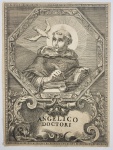 SÃO THOMAS DE AQUINO O DOUTOR ANGÉLICO  GRAVURA ITALIANA DO SEC. XVII. ANONIMA. APRSENTA SÃO THOMAS DE AQUINO COM LEGENDA ANGELICO DOCTORI. SÃO THOMAZ DE AQUINO É APRESENTADO ESCREVENDO SOB INSPIRAÇÃO DO DIVINO ESPIRITO SANTO. A GRAVURA É CIRCUNDADA POR MAGNFICA MOLDURA COM ELEMENTOS VEGETALISTAS. ITALIA, SEC. XVII. 18 X 14 CMNOTA: Para especialistas contemporâneos, Tomás de Aquino (1225-1274) foi um divisor de águas do pensamento humano. Não somente da teologia, mas também da filosofia. Em plena Idade Média, o religioso ousou beber em uma fonte pagã  os textos do sábio grego Aristóteles (384 a.C. - 323 a.C.)  para buscar explicar a existência do ser humano e a própria ideia das relações com o divino. O desejo de seu pai era que Tomás fosse abade do mosteiro de Montecassino, porém, abrindo mão de qualquer ambição e poder, ele quis se tornar um frade Dominicano, escolhendo ser apenas um mendicante. A vida de santidade de Santo Tomás foi caracterizada pelo esforço em responder, inspiradamente para si, para os gentios e a todos sobre os Mistérios de Deus. Enviado para Paris para estudar teologia, prosseguiu nos estudos sendo discípulo do mestre Alberto Magno. Estreitou com ele uma grande amizade, onde foi até convidado para ir à Colônia. A vida de Santo Tomás de Aquino foi tomada por uma forte espiritualidade eucarística, na arte de pesquisar, elaborar, aprender e ensinar pela Filosofia e Teologia os Mistérios do Amor de Deus. Na Colônia, Tomás teve contato com as obras de Aristóteles; isso contribuiu para que ele se aprofundasse em sua tese sobre aristotelismo. Em 1259, no Capítulo Geral dos Dominicanos em Valenciennes, foi membro de uma comissão que estabeleceu o programa de estudos na Ordem. Entre os anos de 1261 e 1265, esteve em Orvieto, Papa Urbano IV, que nutria por ele grande estima, comissionou a ele a composição dos textos litúrgicos para a festa de Corpus Christi. Com a alma totalmente eucarística, os hinos entoados na Liturgia para celebrar a presença do Corpo e do Sangue de Cristo na Eucaristia, foram atribuídos à sua fé e sabedoria teológica.