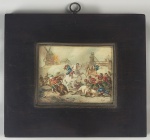 A BATALHA DE BREDA  CENA DE BATALHA DE BREDA OCORRIDA EM 1625  DURANTE A GUERRA DOS TRINTA ANOS ENTRE PAÍSES BAIXOS E ESPANHA. PINTURA SOBRE PLACA ASSINADO RUI.  APRESENTA O CONFLITO ENTRE O EXERCITO ESPANHOL COM UNIFORME VERMELHO E O EXÉRCITO DA HOLANDA COM UNIFORME AZUL. A BATALHA É APRESENTADA COM CAVALARIA E INFANTARIA. AO FUNDO UM MOINHO DE VENTO APARECE EM CHAMAS. FOI ESSE CONFLITO A REVELAR A HABIADADE E ENGENHOSIDADE DO PRINCIPE MAURICIO DE  NASSAU QUE O HABILITARIA AO COMANDO DA INVASÃO HOLANDESA A PERNAMBUCO NO BRASIL. PAISES BAIXOS, SEC. XVIII/XIX. 16 X 14 CMNOTA: O cerco (Ou assédio) de Breda de 1624 a 1625 ocorreu durante a Guerra dos Oitenta Anos. O cerco aconteceu em Breda, uma cidade fortificada holandesa, que acabou sob o controle do exército da Flandres. Seguindo as ordens de Ambrogio Spinola, o exército de Filipe IV sitiou Breda em agosto de 1624. O cerco foi contrário aos desejos do governo de Filipe IV, devido aos encargos já excessivos das guerras simultâneas dos oitenta e trinta anos. A cidade estrategicamente localizada foi fortemente fortificada e fortemente defendida por uma guarnição grande e bem preparada de 7.000 homens, que os holandeses estavam confiantes de que aguentariam o tempo suficiente para derrubar os sitiantes enquanto aguardavam uma força de socorro para interromper o cerco. Apesar da oposição do governo espanhol a grandes cercos nos Países Baixos e dos obstáculos que enfrentam qualquer ataque a uma cidade tão fortemente fortificada e defendida, Spinola lançou sua campanha em Breda, bloqueando rapidamente as defesas da cidade e expulsando um exército de ajuda holandês sob a liderança de Maurício de Nassau, que tentara interromper o acesso do exército espanhol a suprimentos. Em fevereiro de 1625, uma segunda força de socorro, composta por 7.000 soldados ingleses sob a liderança de Horace Vere e Ernst von Mansfeld, também foi expulsa por Spinola. Depois de um oneroso onze meses, Justin de Nassau rendeu Breda em 2 de junho de 1625. Apenas 3.500 holandeses e menos de 600 ingleses sobreviveram ao cerco.  O cerco de Breda é considerado o maior sucesso de Spinola e uma das últimas grandes vitórias da Espanha na Guerra dos Oitenta Anos. O cerco fazia parte de um plano para isolar a República de seu interior e coordenado com a guerra naval de Olivares liderada pelos Corsários, para sufocar economicamente a República Holandesa. Embora as lutas políticas dificultassem a liberdade de movimento de Spinola, os esforços da Espanha na Holanda continuaram depois. O cerco de 1624 chamou a atenção dos príncipes europeus e, junto com outras batalhas vitoriosas como a Batalha de Montanha Branca (1620), foi recuperada a formidável reputação que mantinha o exército espanhol ao longo do século anterior.Nos últimos estágios das guerras combinadas dos Oitenta e Trinta Anos, que haviam sobrecarregado bastante os recursos espanhóis, Breda foi perdida para os holandeses sob o comando de Frederico Henrique após um cerco de quatro meses. No Tratado de Vestfália em 1648, que encerrou as guerras dos Trinta e Oitenta Anos, Breda foi cedida à República Holandesa.