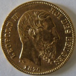 Moeda de ouro Estrangeira ,Belgica 20 francos 1870  peso-6,4 GR -