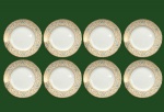 Conjunto de oito pratos para bolo ou sobremesa em fina porcelana inglesa pintada a mão ,  marca "Tuscan". (3 com fio de cabelo) Med. 17 cm diam