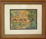 JOSE MARQUES CAMPÃO (1892-1949) "Paisagem bucólica com ponte". Aquarela. Assinada no c.i.e. Medida: 17 x 22 cm e moldura: 31 x 37 cm. SOBRE ----> José Marques Campão foi um renomado pintor brasileiro que se dedicou a retratar paisagens e figuras humanas. Chegou a ser considerado um dos principais pintores de São Paulo, no século XX. Ainda muito jovem, começou a estudar pintura em sua cidade natal com Oscar Pereira da Silva e, logo depois, mudou-se para Paris, na França, para aprimorar e aprender novas técnicas.Campão ganhou bastante reconhecimento por organizar e participar, logo no início de sua carreira artística, de exposições e mostras  tanto coletivas quanto individuais - de âmbito nacional e internacional. Seu estilo na pintura ficou marcado por transitar por marcas do movimento impressionista e realista e, em suas obras, explorar uma mesma paleta de cor e temas sem prender-se a pequenos detalhes.Diante de materiais da época ou que retratam a mesma, pouco se sabe a respeito de determinadas questões ligadas à família e particularidades do pintor, uma vez que, não ficaram muito explícitas no decorrer da História. Até mesmo sobre como ocorreu sua morte é difícil ter conhecimento. Sabe-se apenas que ocorreu no ano de 1949, aos seus 57 anos, na cidade de São Paulo.